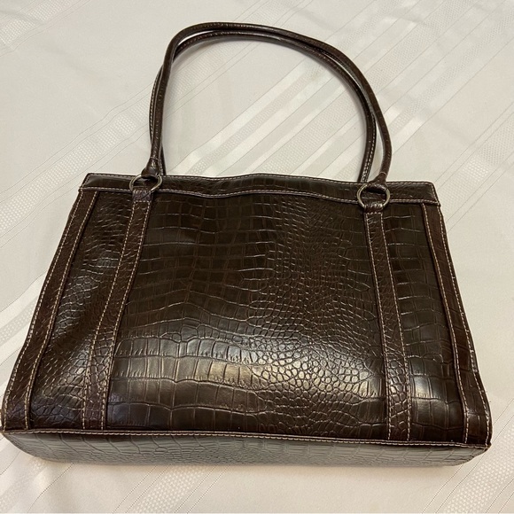 Brown Crocodile Print Womens Tote double zipper opening & multiple pockets - Picture 1 of 10